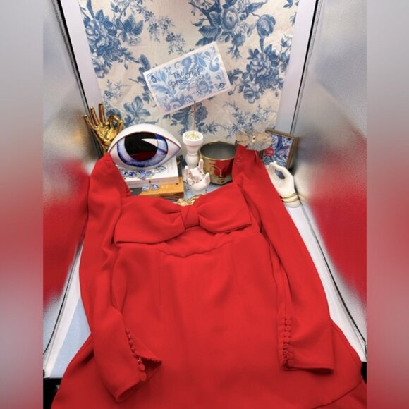 🆕 SELF-PORTRAIT 🧿 NWOT Red Crepe Bow Long Sleeve Mini Dress, Sz UK 14 US 10 - Picture 2 of 15
